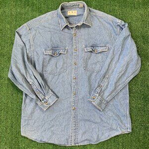 Vintage 80s INC Denim Button Up Shirt XL Blue Chambray Long Sleeve
